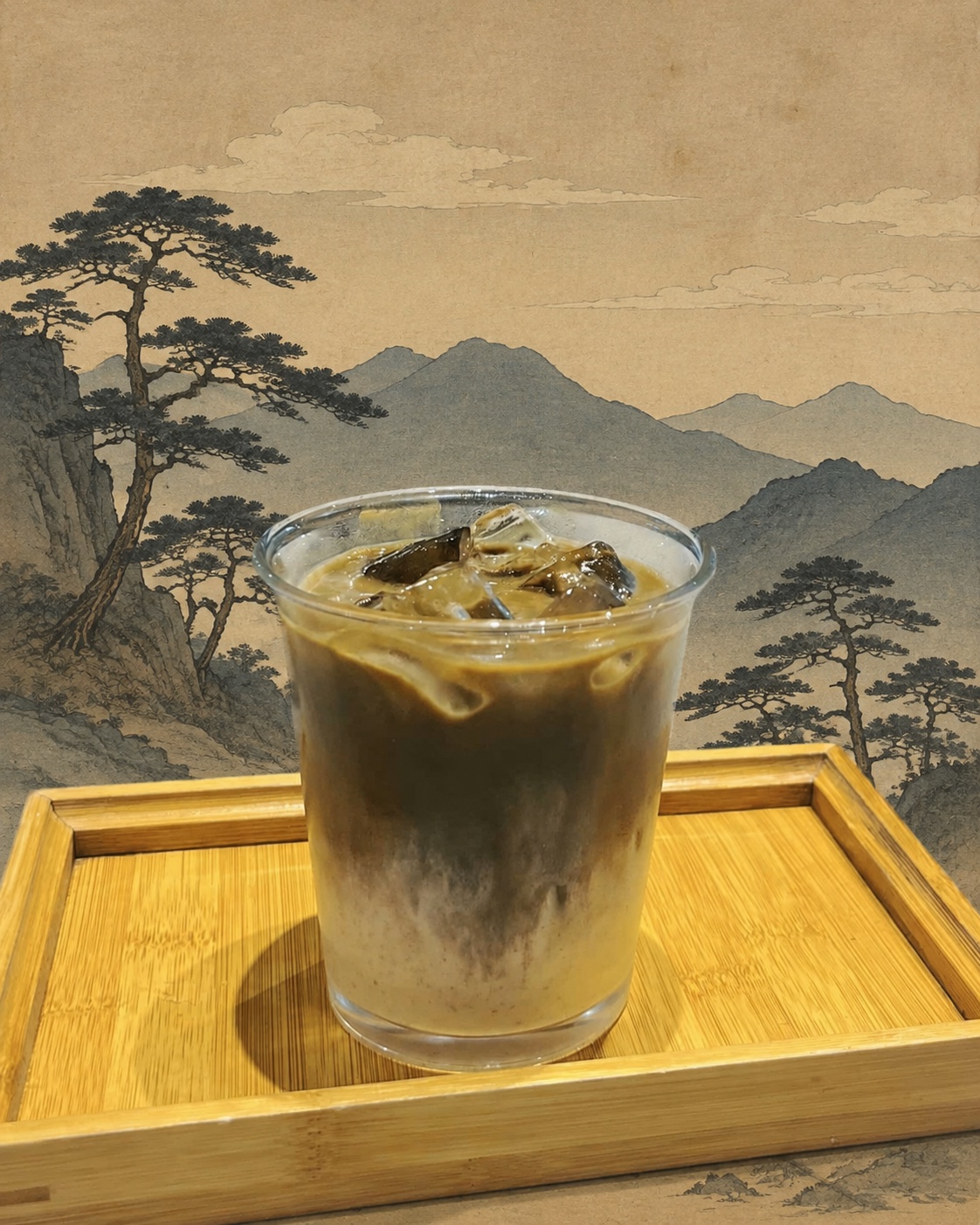 Hojicha Au Lait with ukiyo-e landscape
