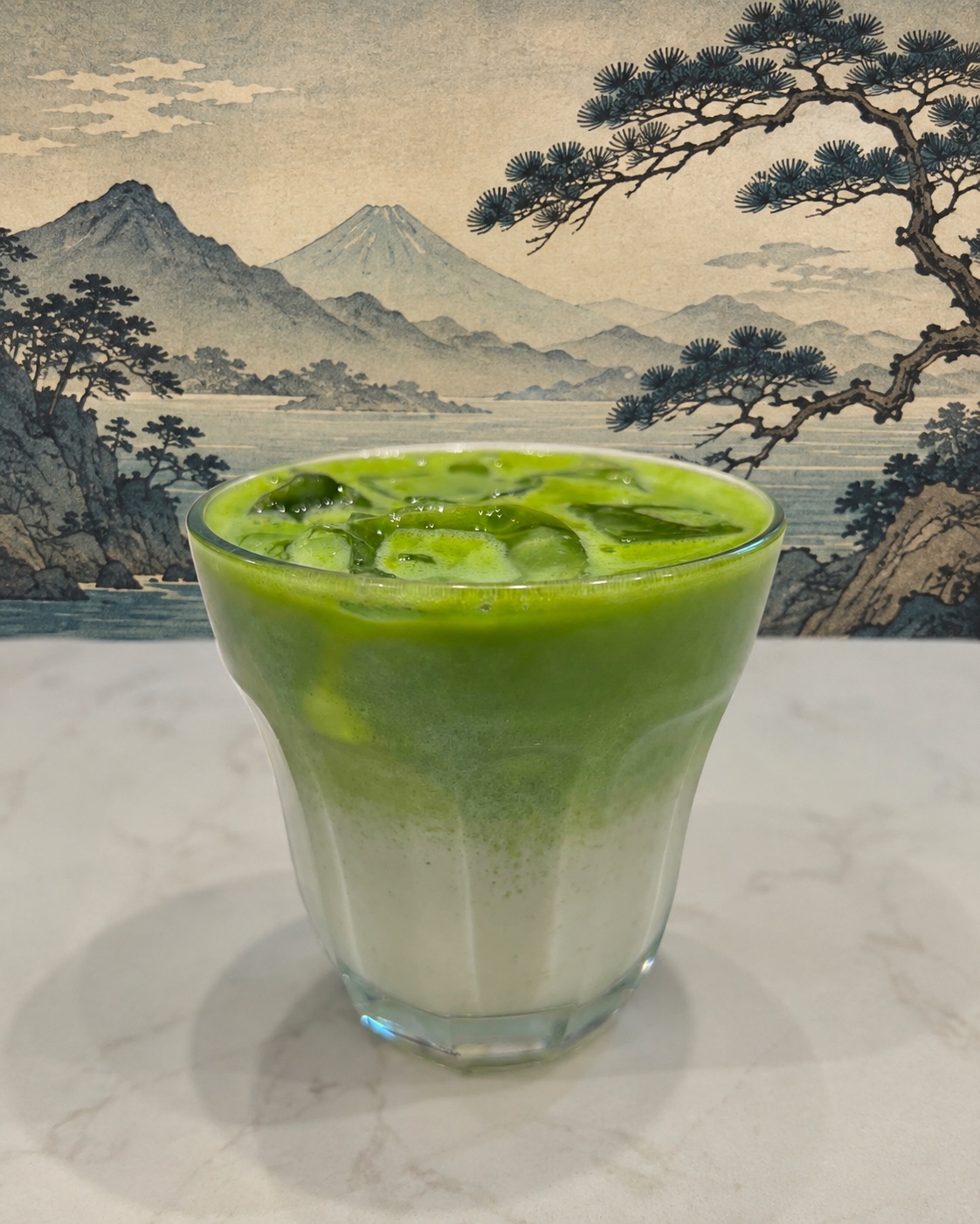 Matcha Au Lait with ukiyo-e landscape